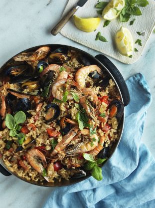 Paella cooked in the Cobb fry dish