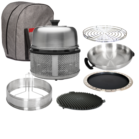 Cobb Premier Air portable charcoal cooker with grey carry bag, roasting rack, fry dish, fry pan, griddle and dome extension