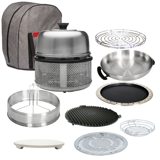 Cobb Premier Air portable charcoal cooker with grey carry bag, roasting rack, fry dish, fry pan, griddle, pizza stone, BBQ Kit and dome extension